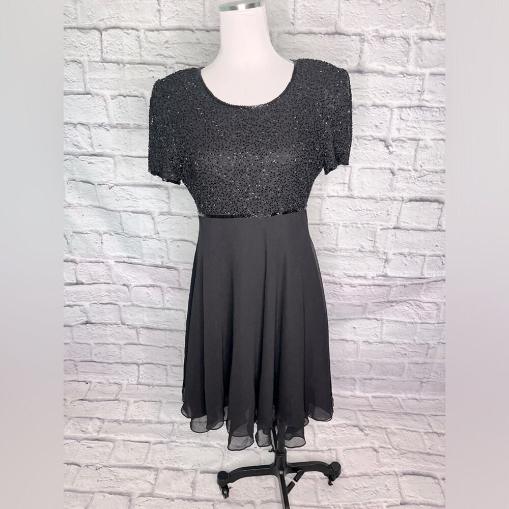 Vintage Laurence Kazar black beaded bodice chiffon dress size medium
